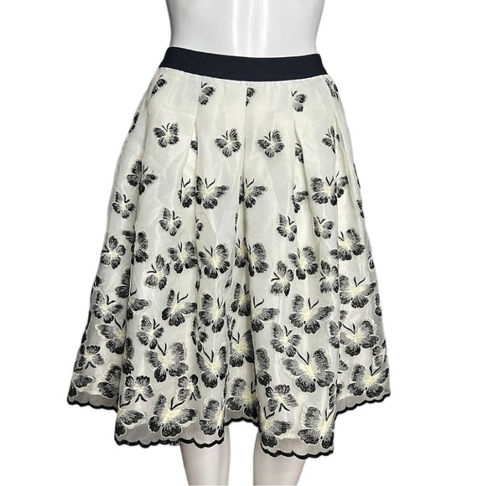 Talbots Skirt Womens 2 Petite RSVP A-Line White Black Embroider Butterflies Boho